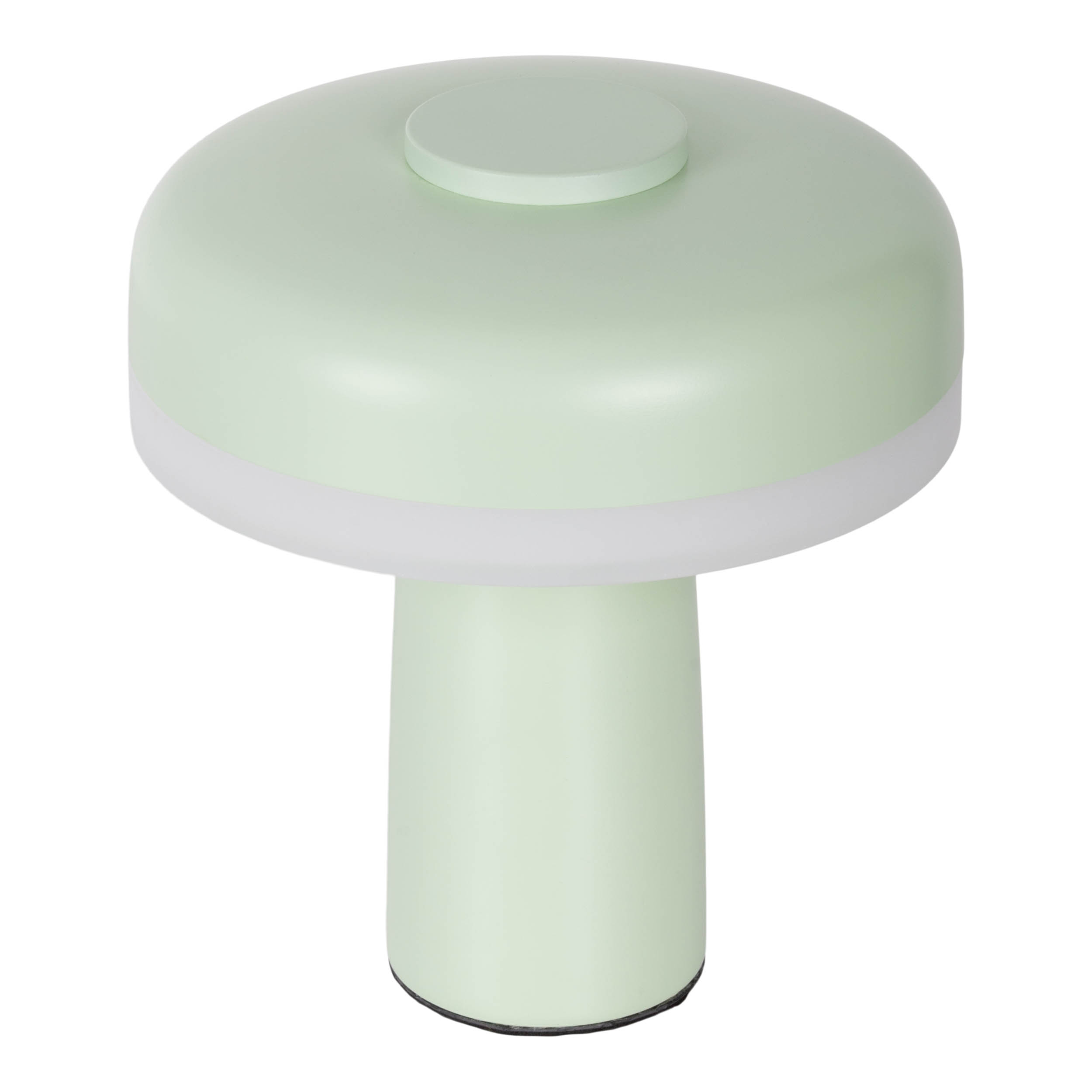 Eine minzgrüne Lampe mit einem weiß leuchtenden Ring und einem zylindrischen Ständer. Der Hintergrund ist weiß.