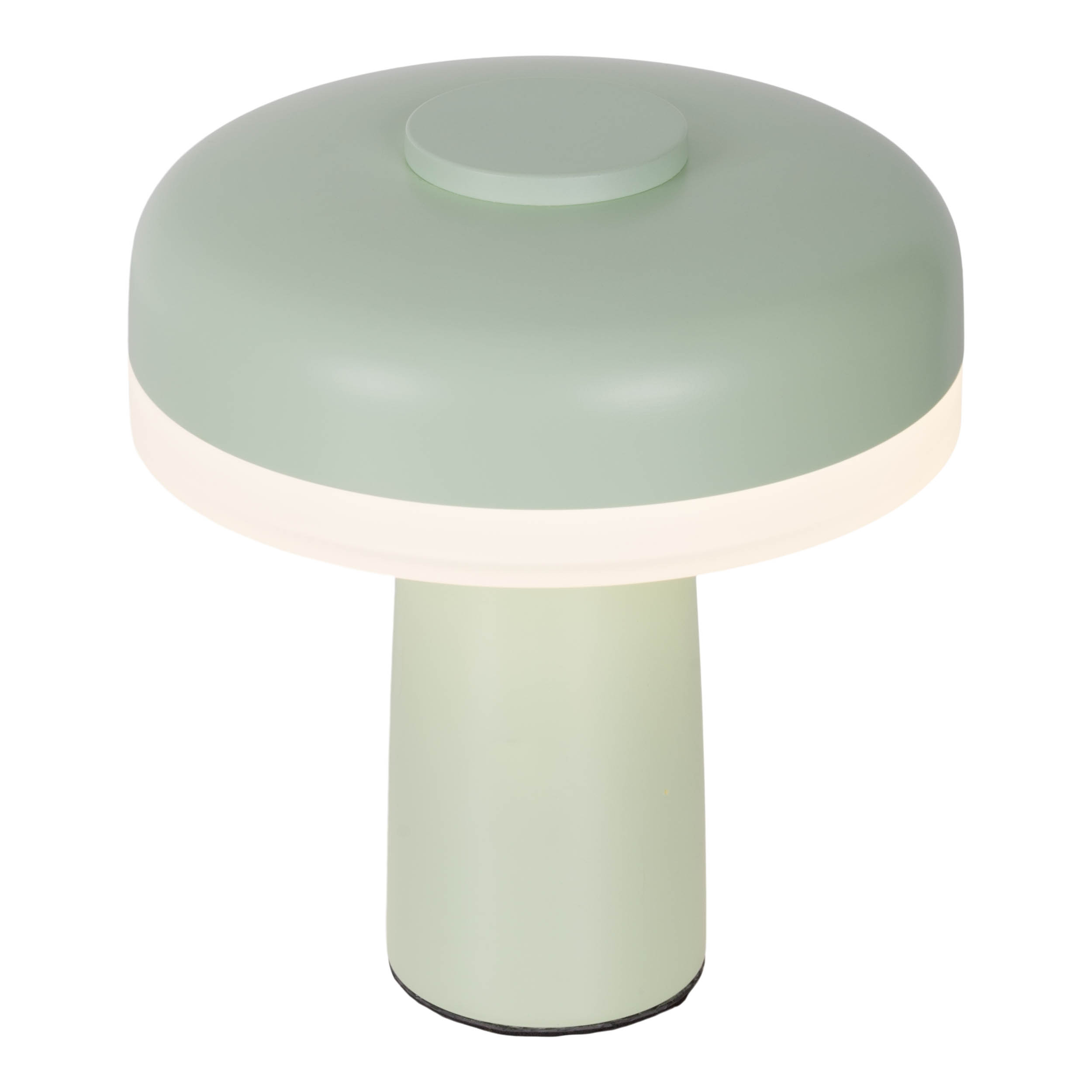 Eine grün-weiße Tischlampe mit rundem Oberteil und zylindrischem Sockel.