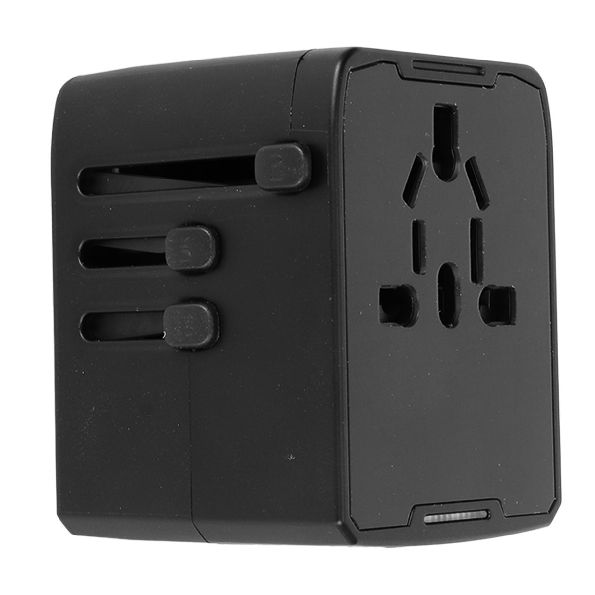Schwarzer Universal-Reiseadapter mit mehreren Steckertypen auf weißem Hintergrund.