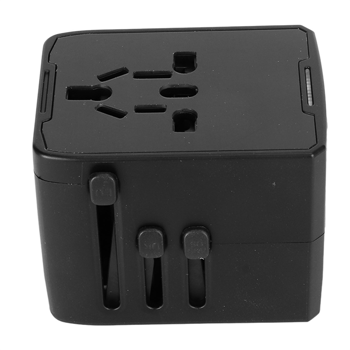 Schwarzer Universal-Reiseadapter mit mehreren Stecker-Konfigurationen. Quadratische Form mit ausziehbaren Stiften und Knöpfen.