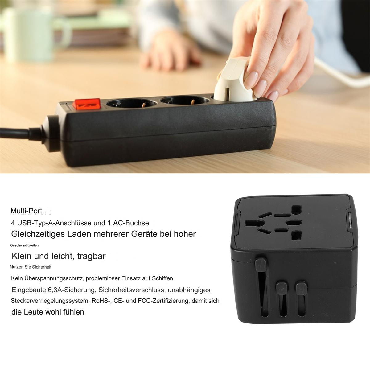 Eine schwarze Steckdosenleiste und ein schwarzer Adapter. Hände stecken einen weißen Adapter hinein.