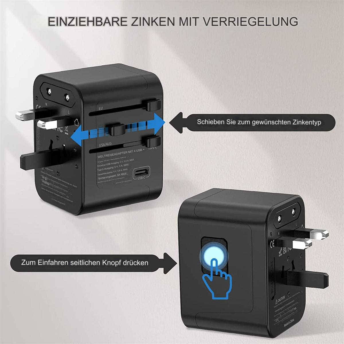Schwarzer Universal-Reiseadapter mit einziehbaren Stiften. Pfeile zeigen das Verschieben für verschiedene Steckertypen.
