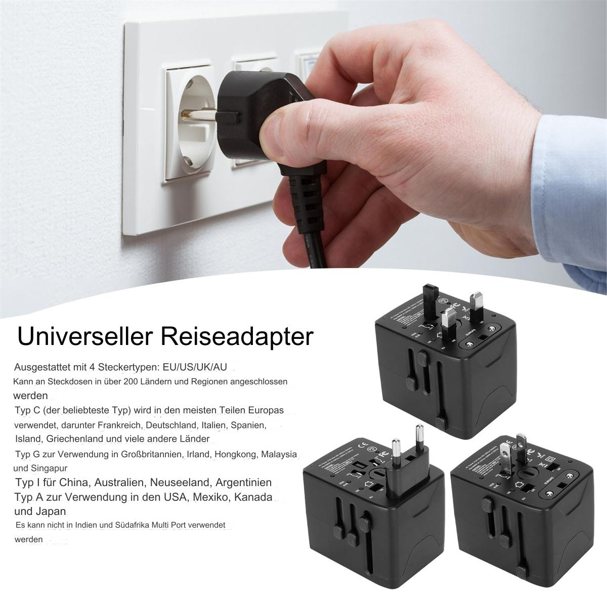 Universal-Reiseadapter mit verschiedenen Steckertypen, mit einer Hand, die ihn in eine Steckdose steckt.