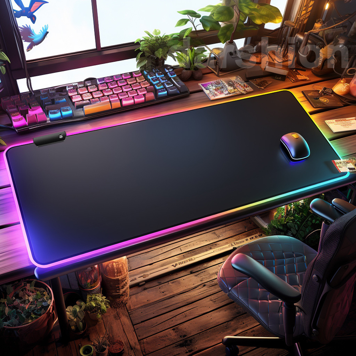 Gaming-Setup mit Maus, Tastatur und großem Mauspad mit RGB-Beleuchtung. Holzboden.