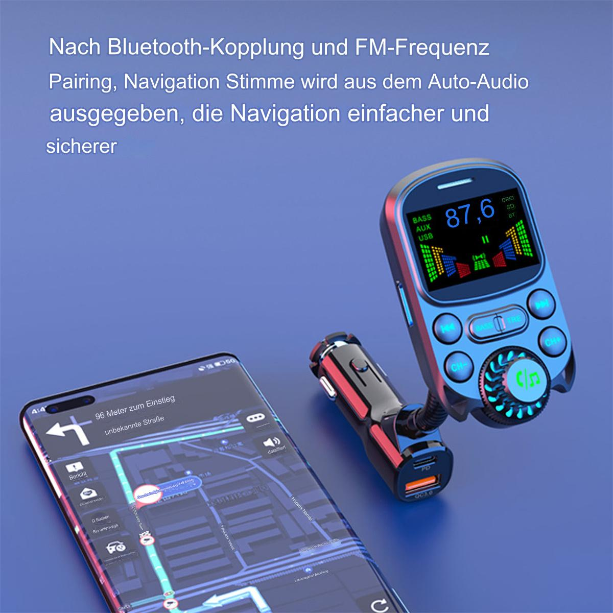 Auto-Audio-Adapter mit Telefon, das Navigation anzeigt. Text: Kopplung, Navigationsstimme vom Auto-Audio, sicherer.