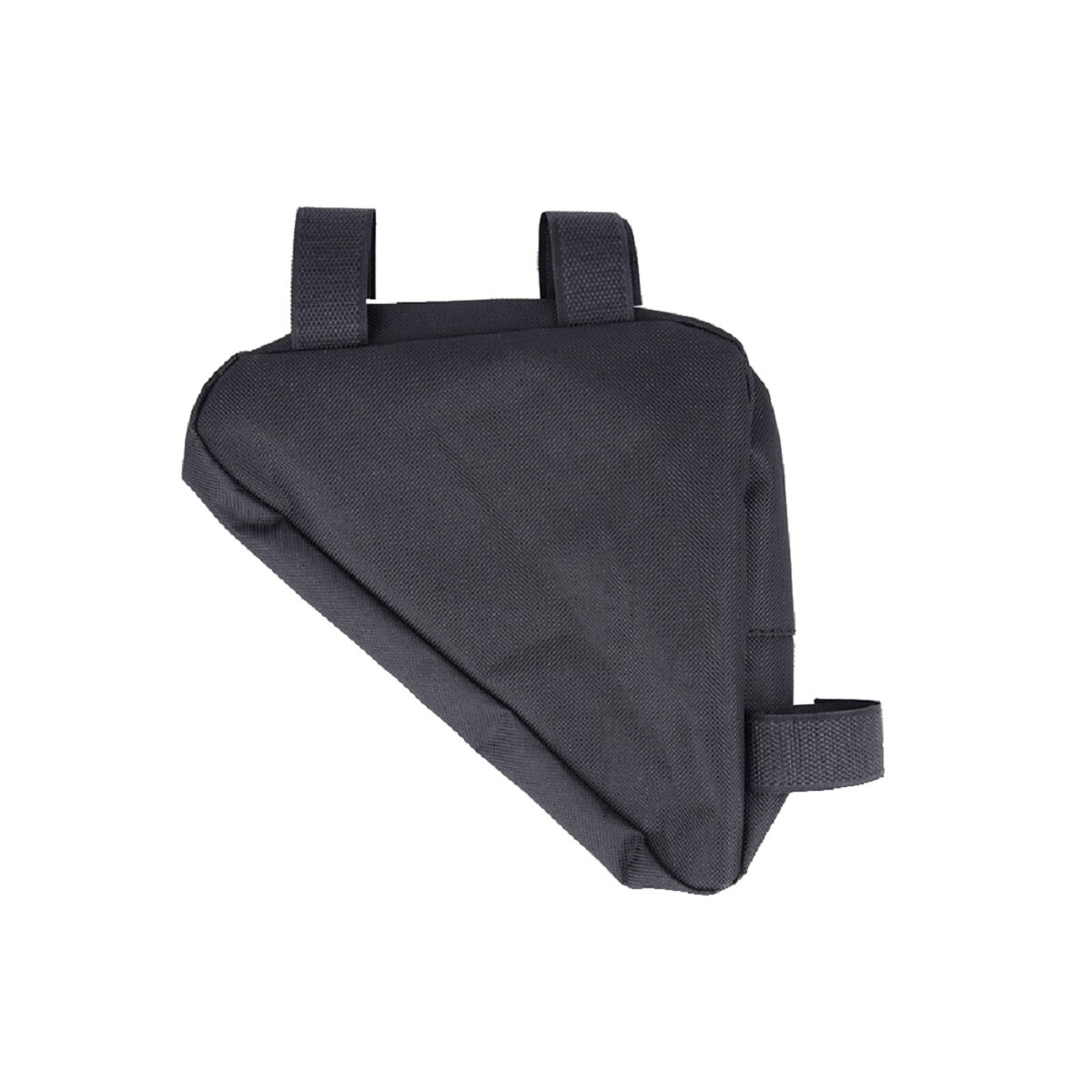 Eine schwarze, dreieckige Fahrradrahmen-Tasche mit Gurten. Sie ist vor einem weißen Hintergrund.