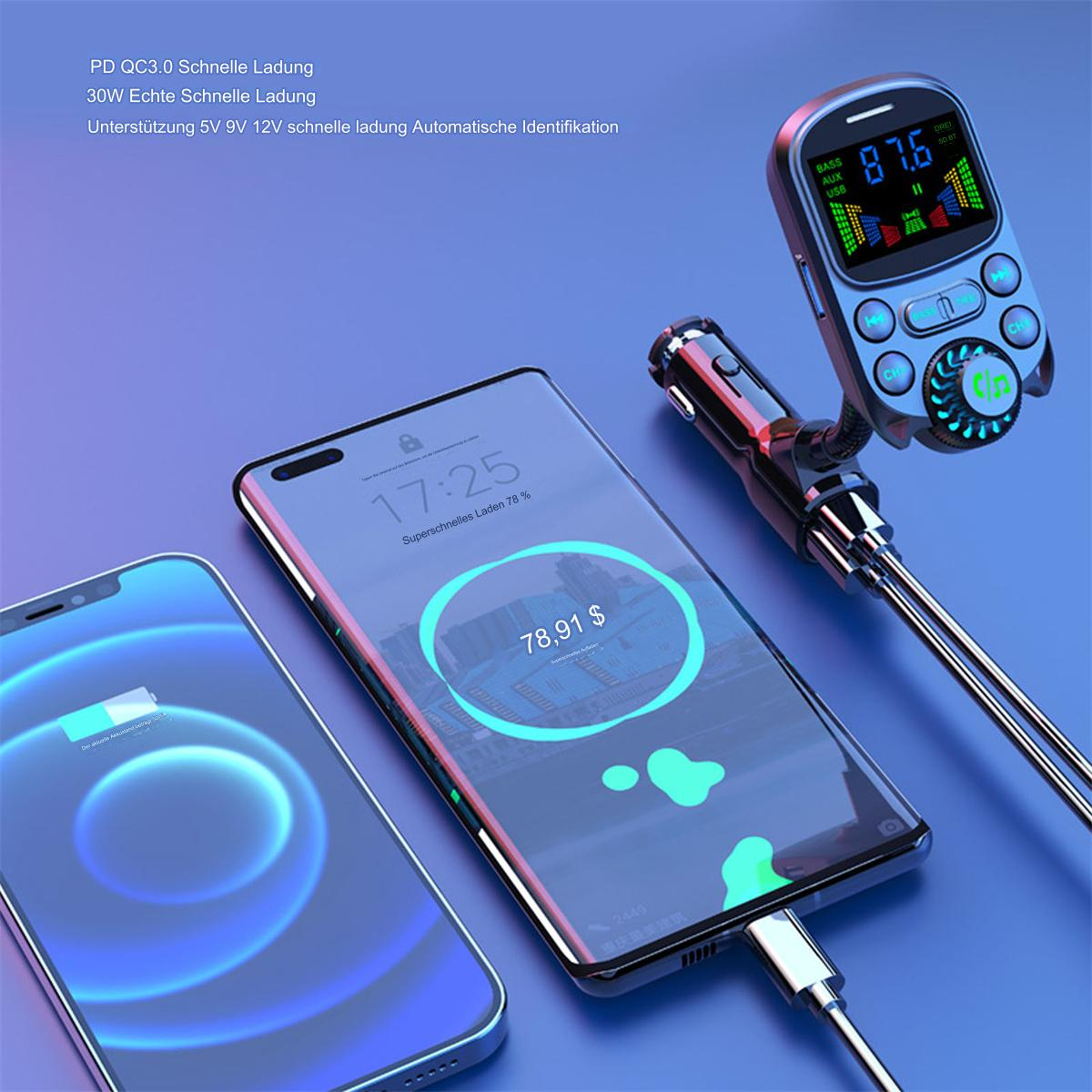 Ein Telefon, das mit einem anderen Telefon und einem Bluetooth-Gerät geladen wird. Die Telefonbildschirme sind an.