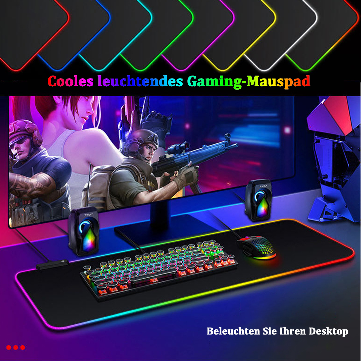 Gaming-Mauspad mit farbigem LED-Rand und Bildern eines Spiel-Setups.