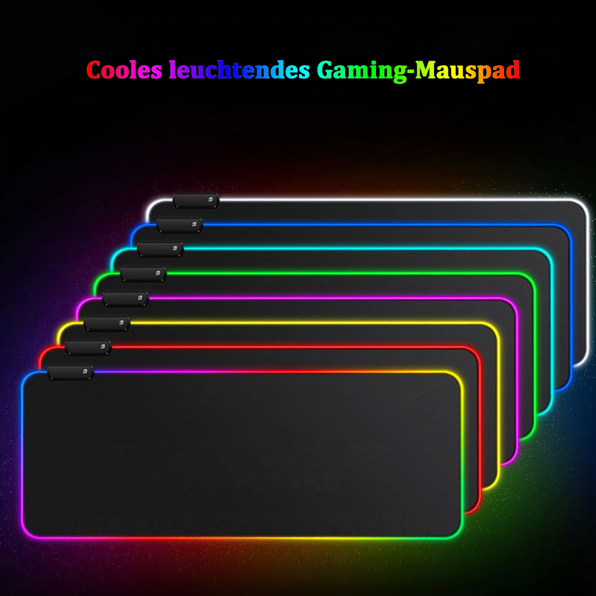 Schwarzes Gaming-Mauspad mit buntem LED-Rand. Verschiedene Farben sind sichtbar.