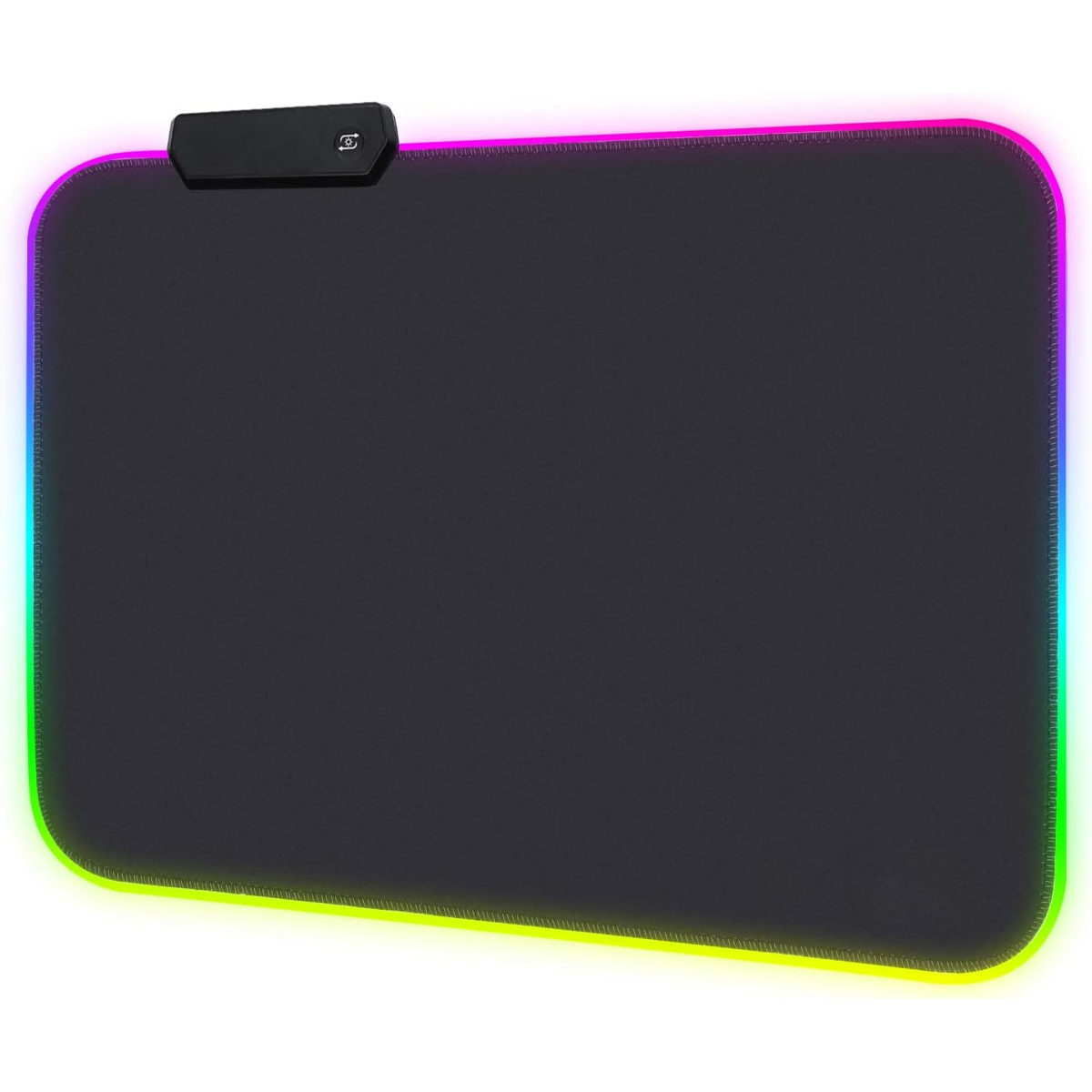 Schwarzes Gaming-Mauspad mit RGB-Beleuchtung an den Rändern, schwarzes Bedienfeld.
