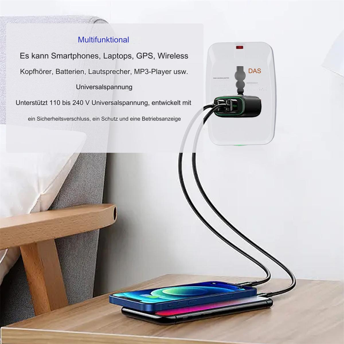 Weißer Adapter mit schwarzem Ladegerät, zwei Telefone laden auf einem Holztisch.