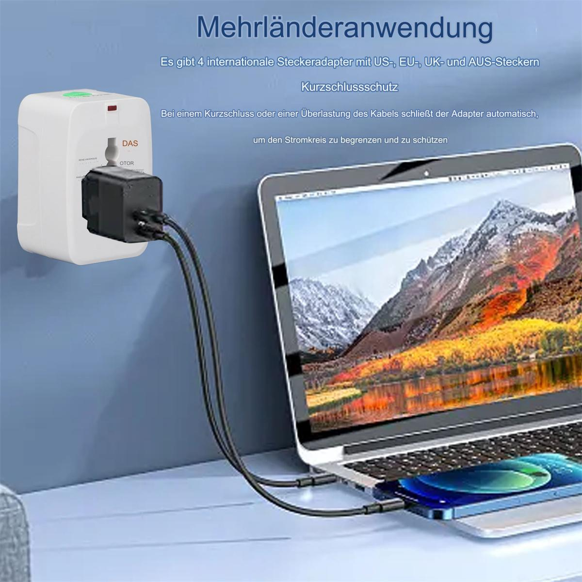 Ein Netzteil an der Wand angeschlossen, mit Laptop und Telefon verbunden.