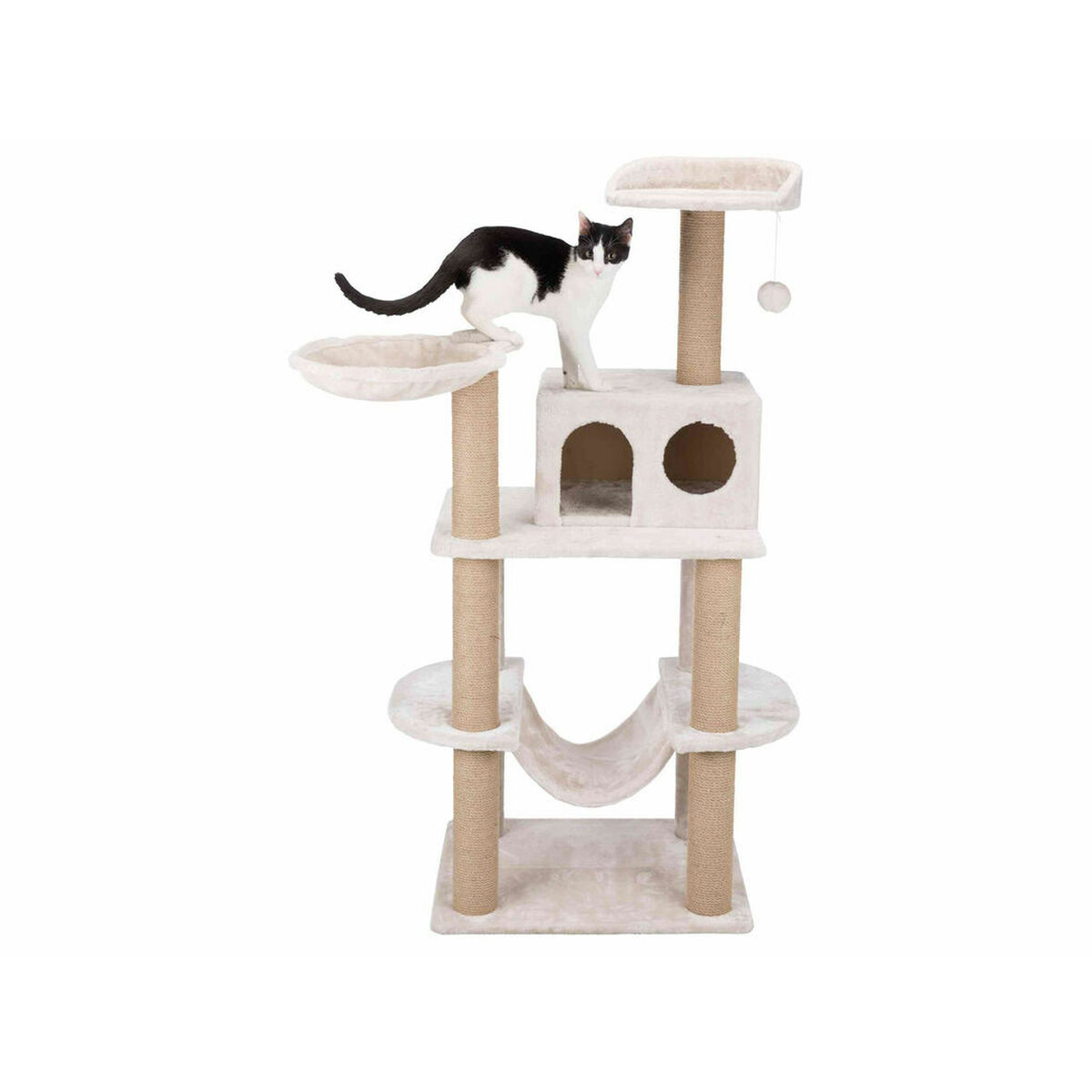 Un árbol para gatos de varios niveles con un gato de pie en el nivel superior. Tonos beige y marrón.
