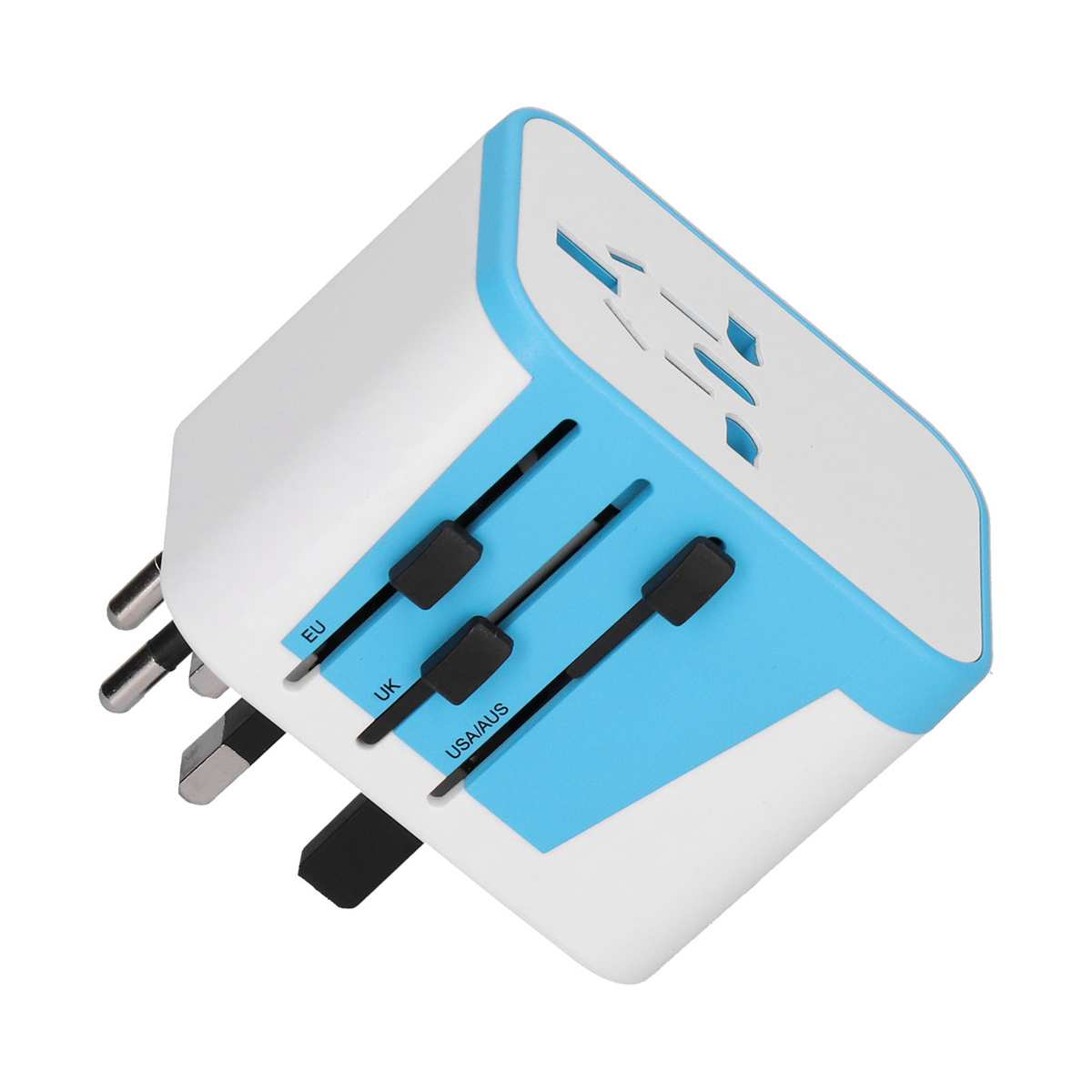 Ein weiß-blauer Reiseadapter mit mehreren Stecker-Konfigurationen und Schiebereglern für verschiedene Regionen.