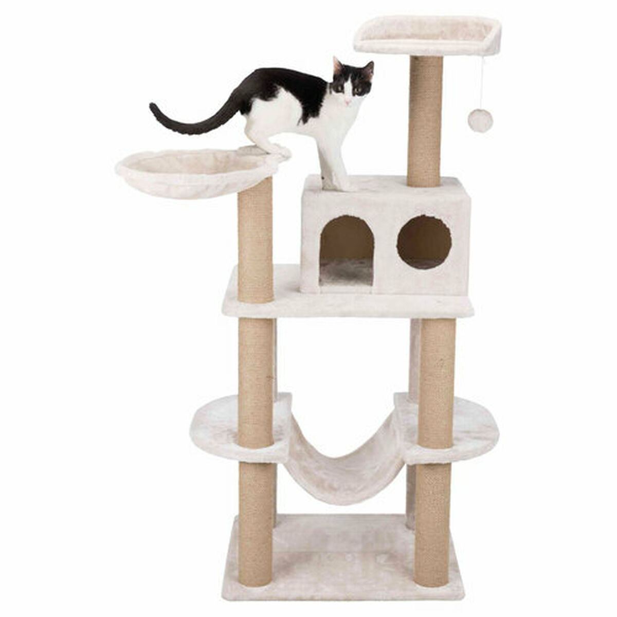 Gato en un árbol para gatos con múltiples niveles, postes y una hamaca.