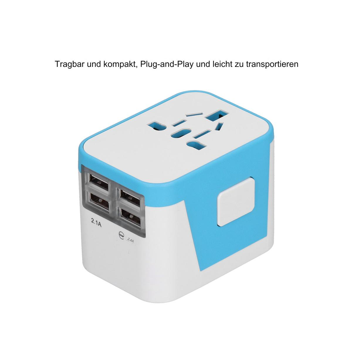 Ein weißer und blauer Universaladapter. Er hat USB-Anschlüsse und Steckplätze.