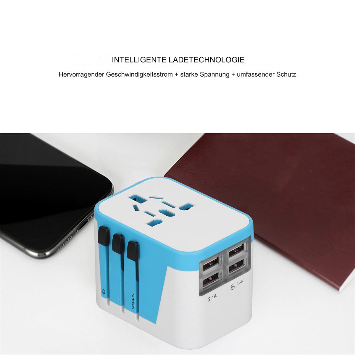 Weißer und blauer Adapter mit EU, UK, USA/AUS Steckern und USB-Anschlüssen, mit Telefon und Pass.