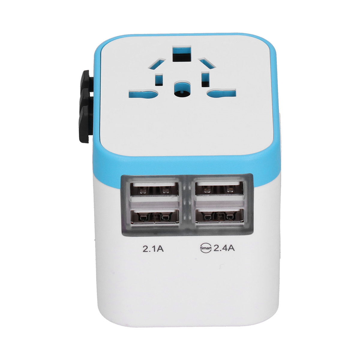 Ein weiß-blauer Reiseadapter mit USB-Anschlüssen und verschiedenen Steckertypen.