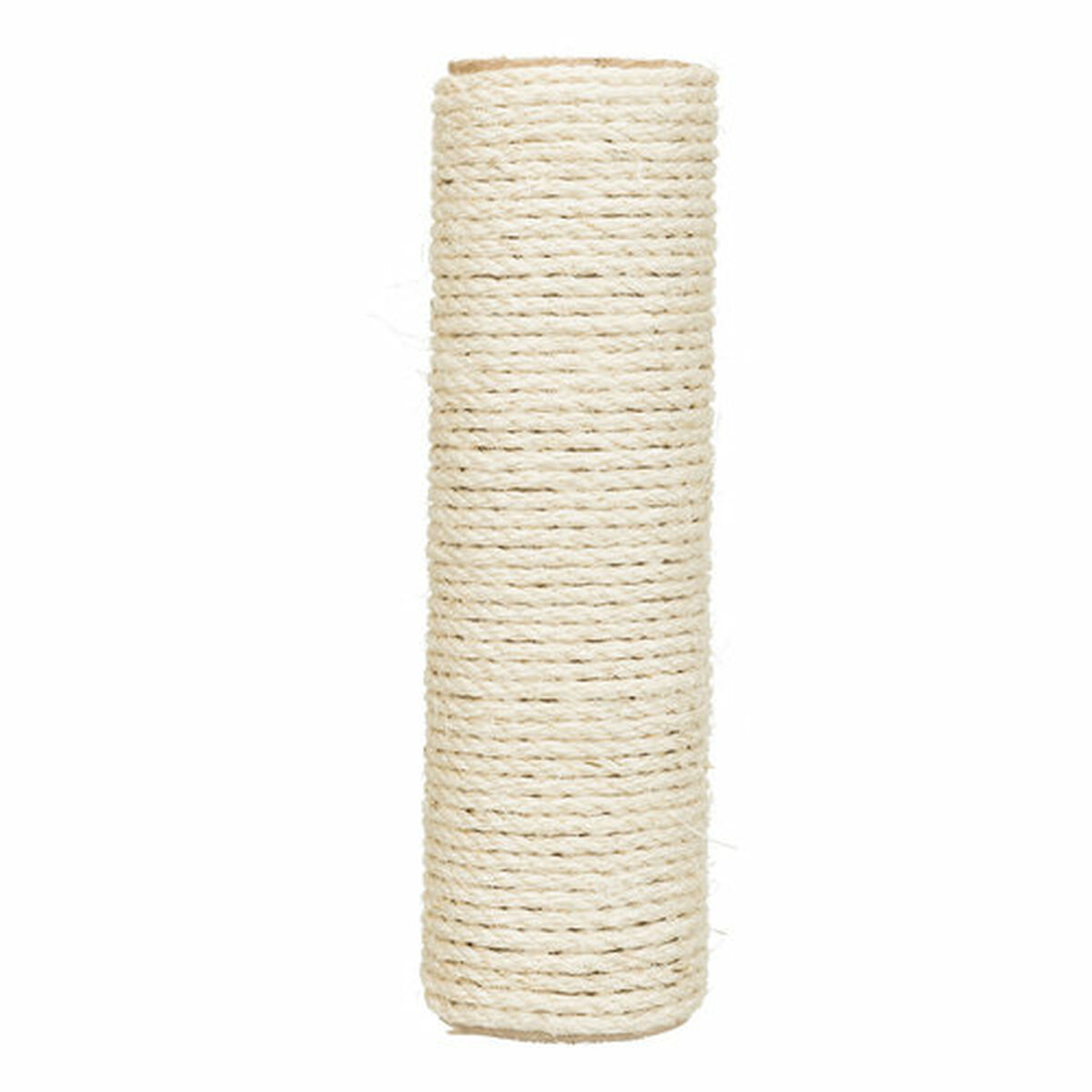 Un tiragraffi cilindrico alto per gatti, fatto di corda chiara, ben avvolta.
