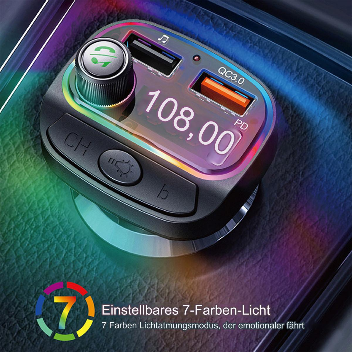 Ein Autoladegerät mit Digitalanzeige 108,00 und farbigem LED-Lichtring. Schwarzer Hintergrund.