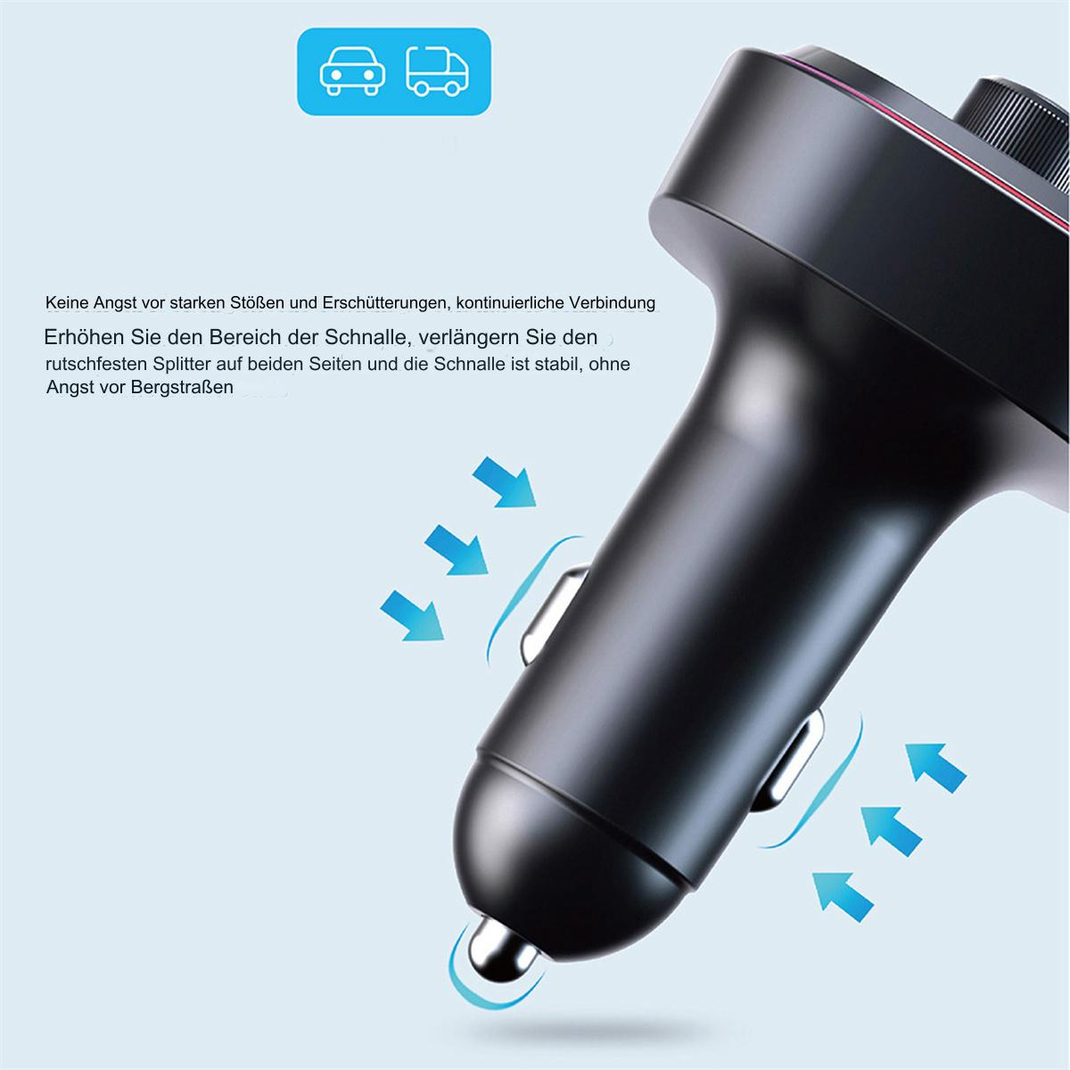 Schwarzer Auto-Adapter mit Pfeilen und Text. Blauer Hintergrund mit Autosymbolen. Nahaufnahme.