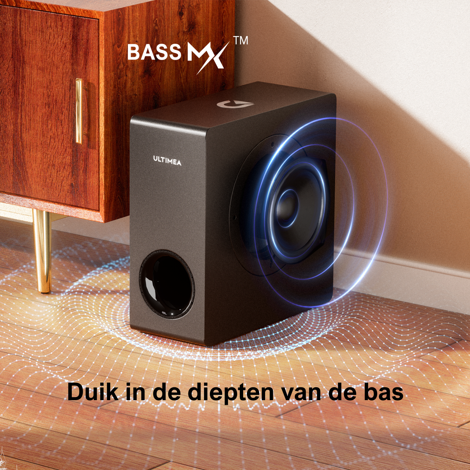 Black subwoofer with blue sound wave.  Wooden cabinet on the left.  Text: Dive into the depths of bass.