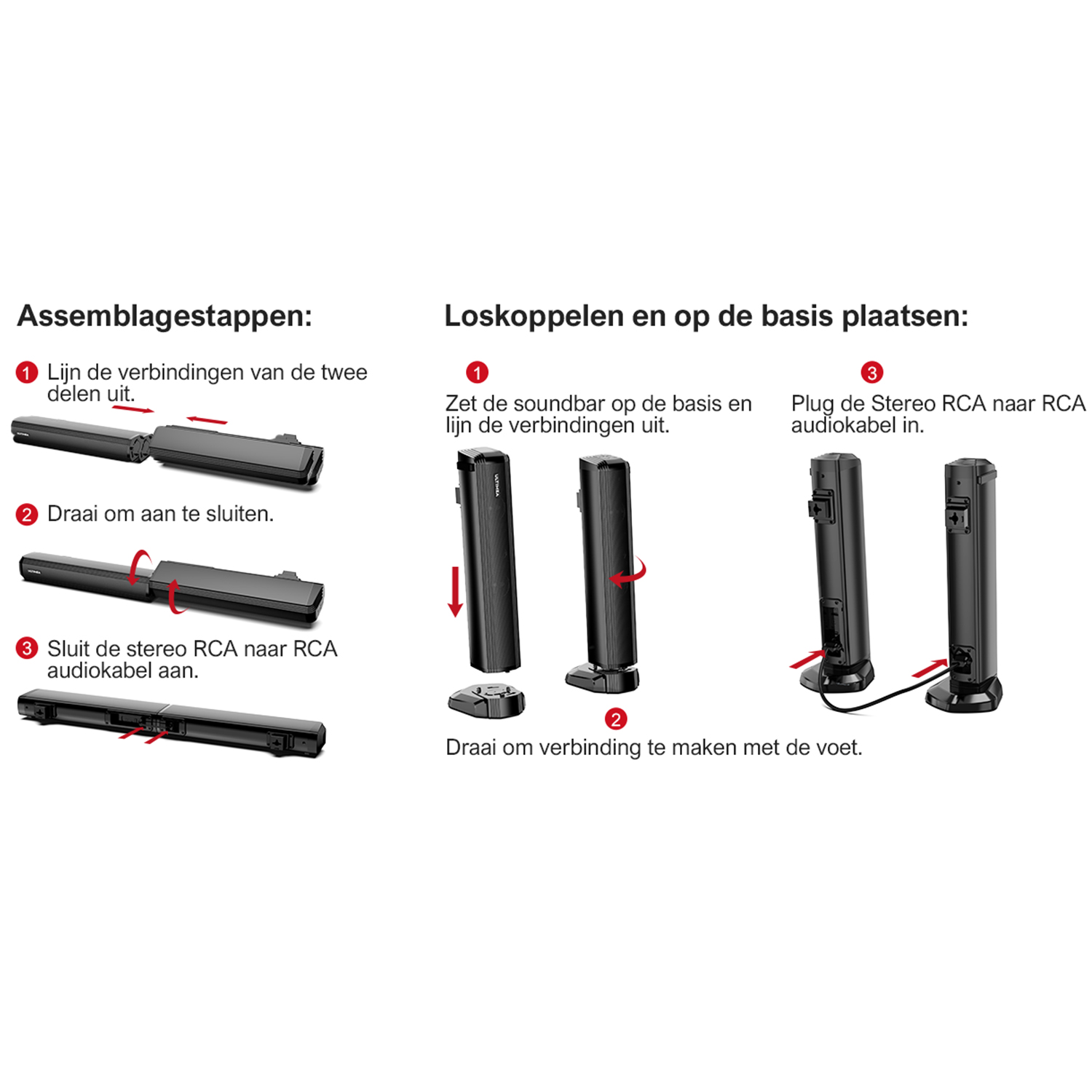 Diagram showing the assembly of a soundbar with text instructions.