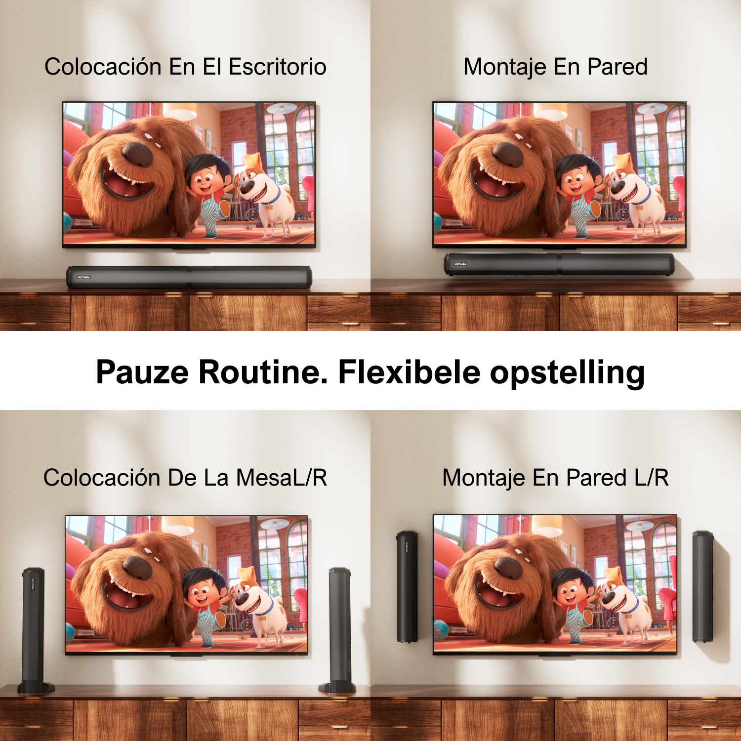 TV with soundbar and speakers. Displaying different setup options on the screen.