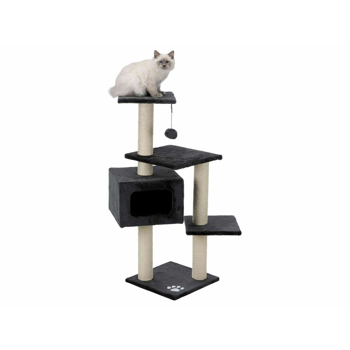 Katzenbaum mit Katze oben. Es hat mehrere Plattformen und Kratzbäume.