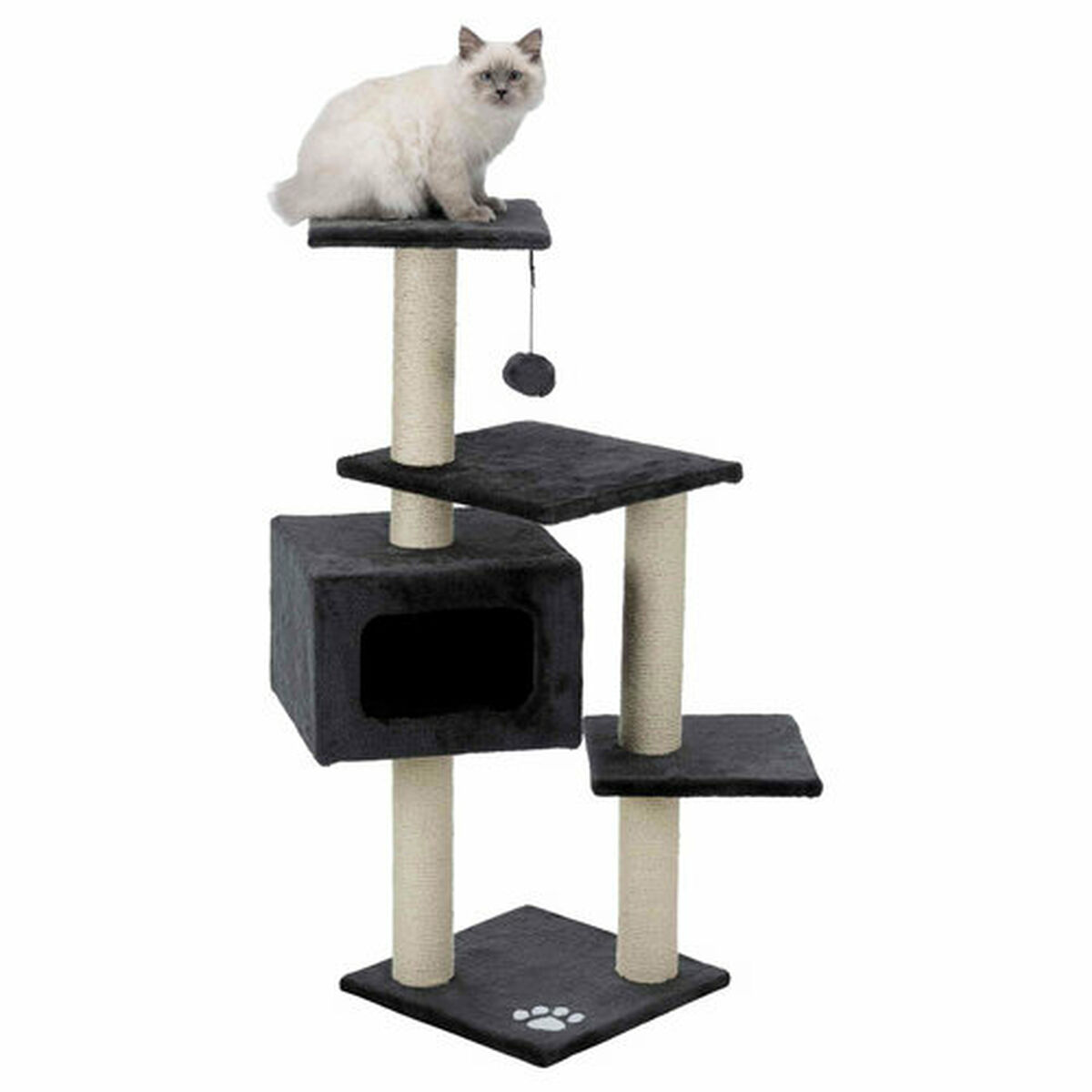Ein mehrstöckiger Katzenbaum mit einer Katze oben. Er hat eine Box, Plattformen und Kratzbäume.