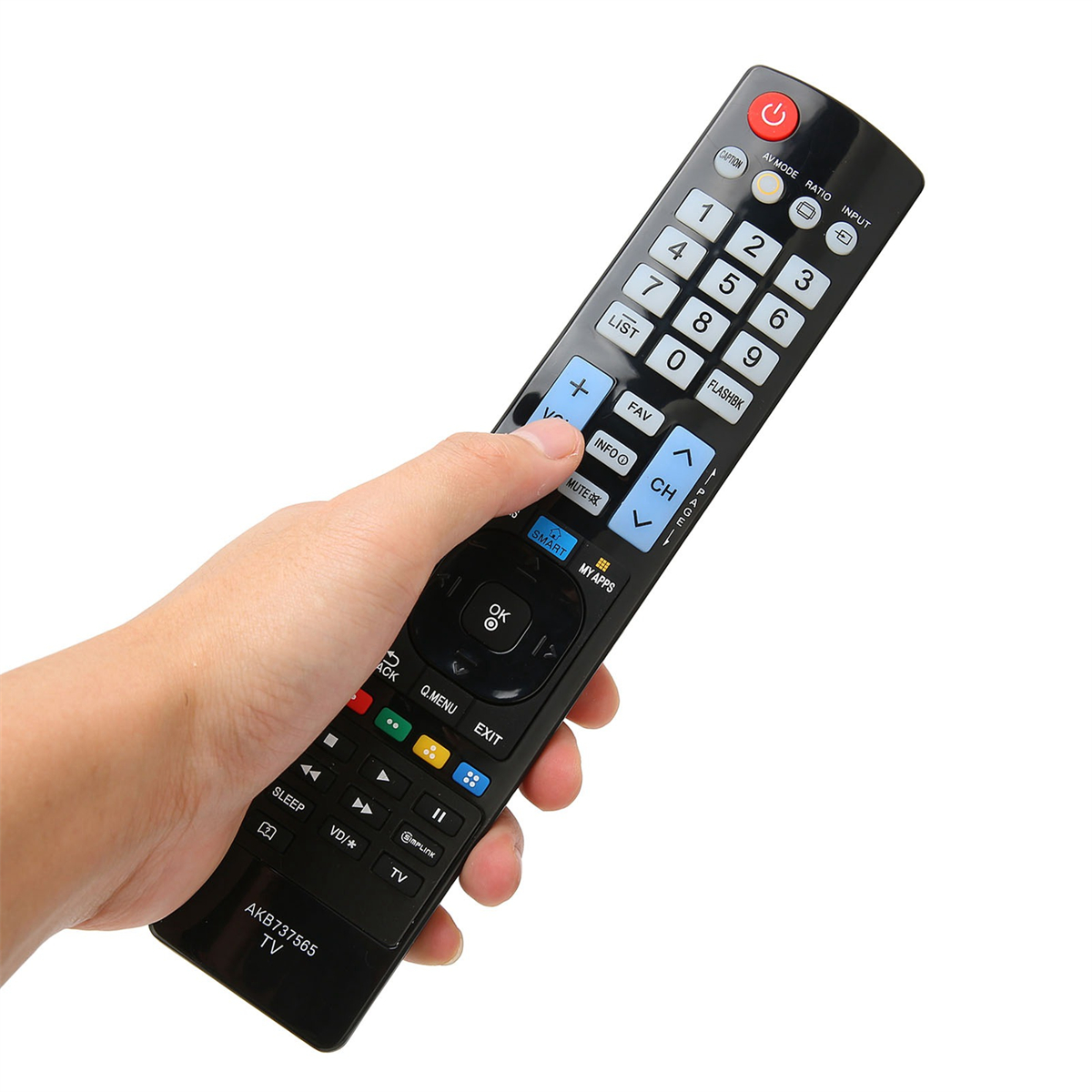 Hand hält eine schwarze TV-Fernbedienung und drückt eine Taste.