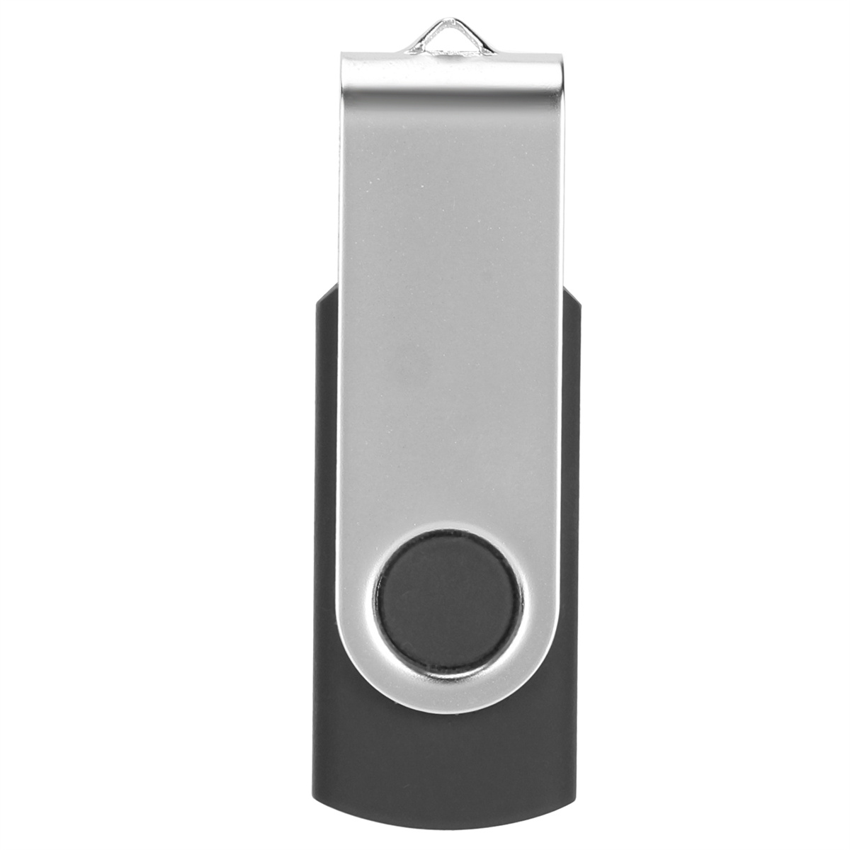 Ein schwarzer und silberner USB-Stick auf weißem Hintergrund.