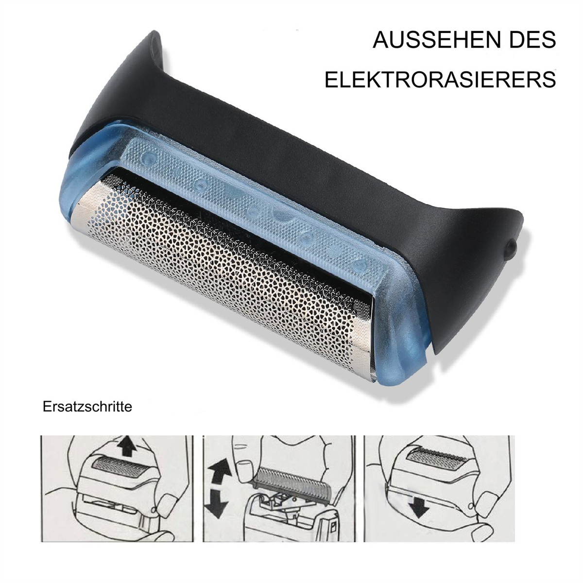 Nahaufnahme eines Elektrorasiererkopfes. Es hat ein Netz und einen blauen Rahmen. Unten sind Montageschritte.