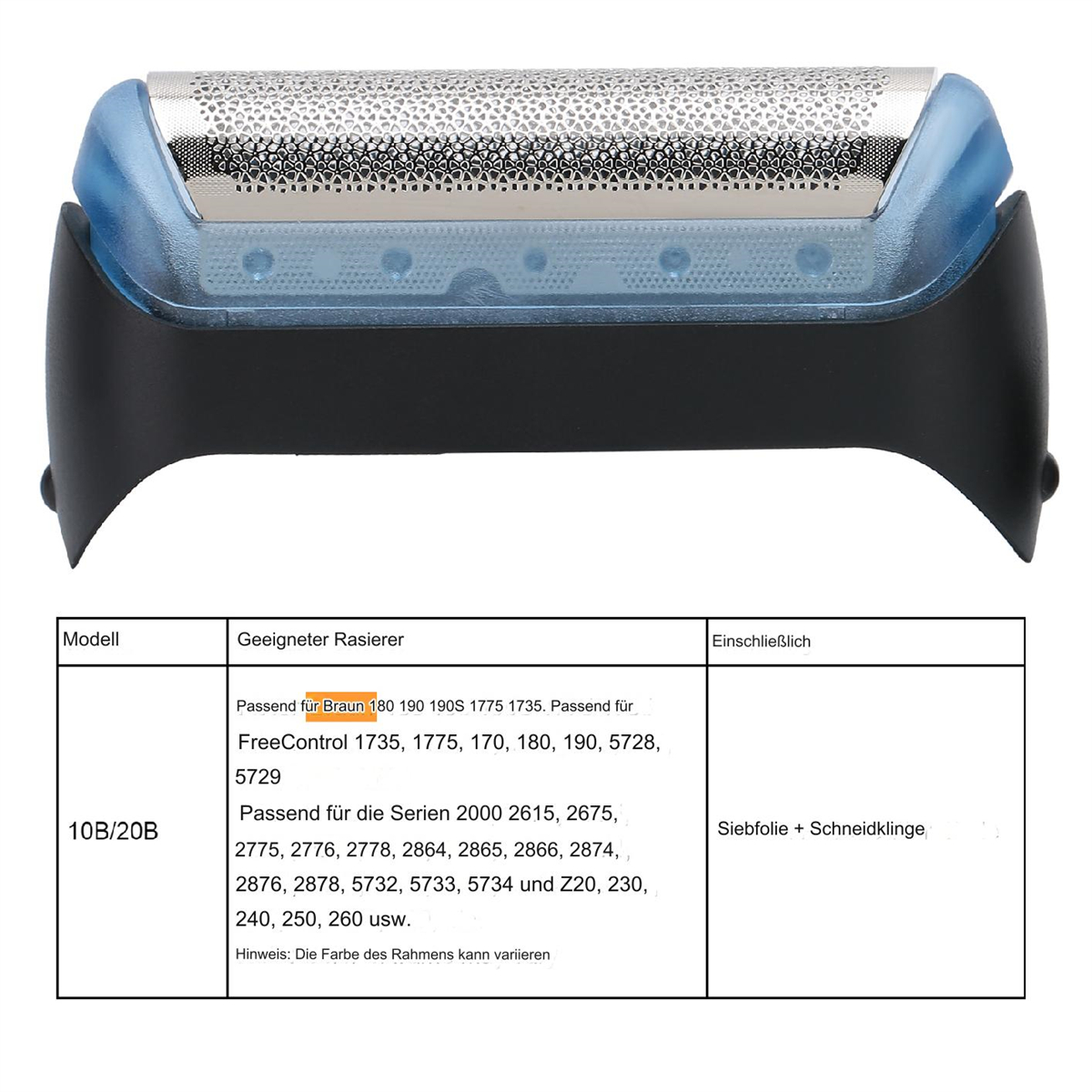 Ein schwarzer und blauer Rasiererkopf mit Silberfolie und Schneidklingen und Produktdetails.