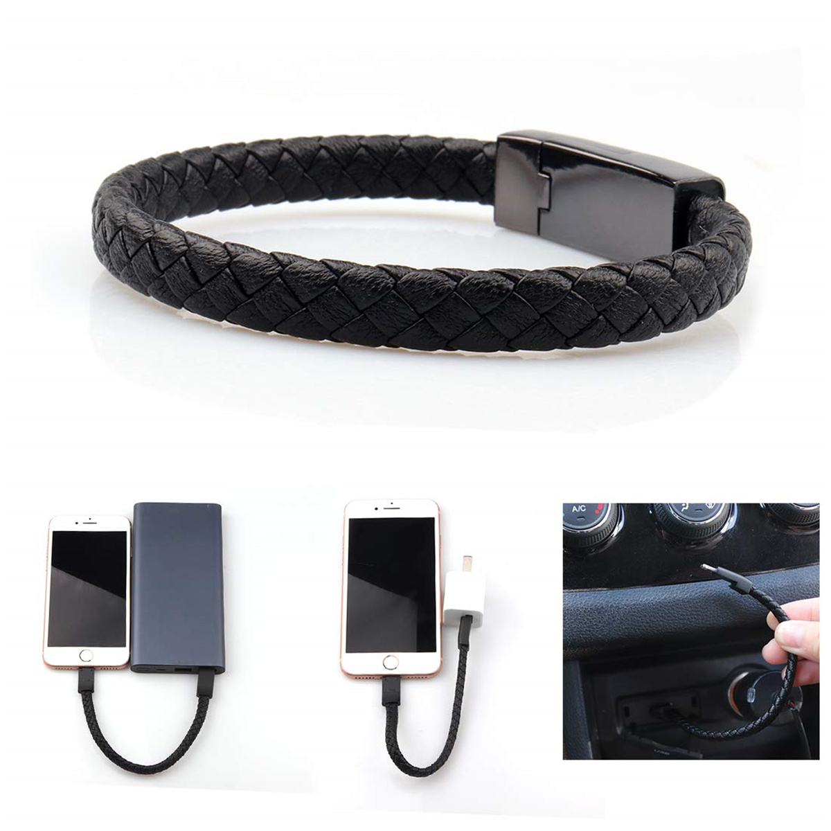 Schwarzes Lederarmband, drei ladende Telefone und ein Ladekabel im Auto.
