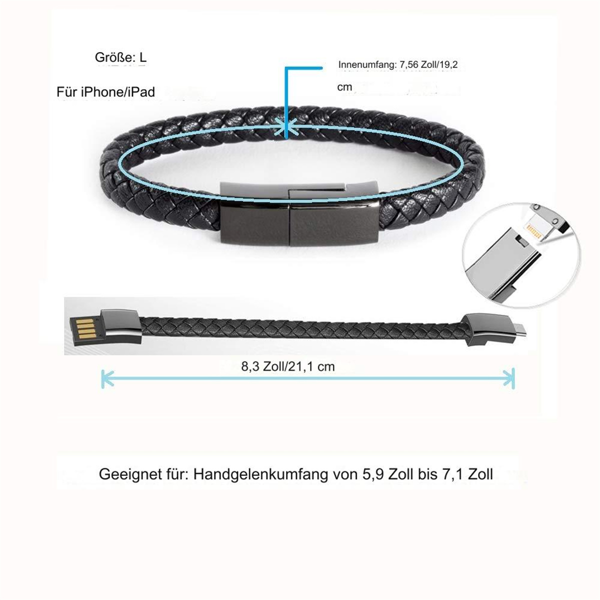 Schwarzes Lederarmband mit schwarzem Verschluss. Das Armband kann ein Ladegerät mit USB-Seite sein.