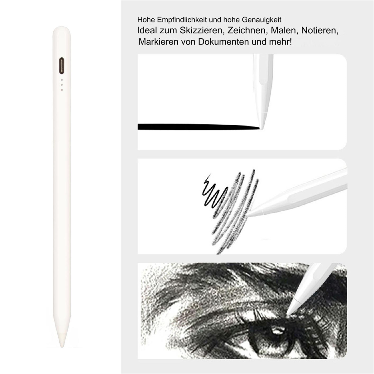 Weißer Eingabestift mit Zeichnungsbeispielen, auf weißem Hintergrund mit Text gezeigt.
