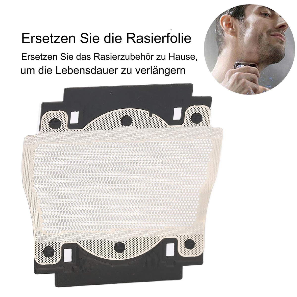 Ein Mann rasiert sich mit einem Elektrorasierer, mit Nahaufnahme der Ersatzfolie und Klinge, weißer Hintergrund.