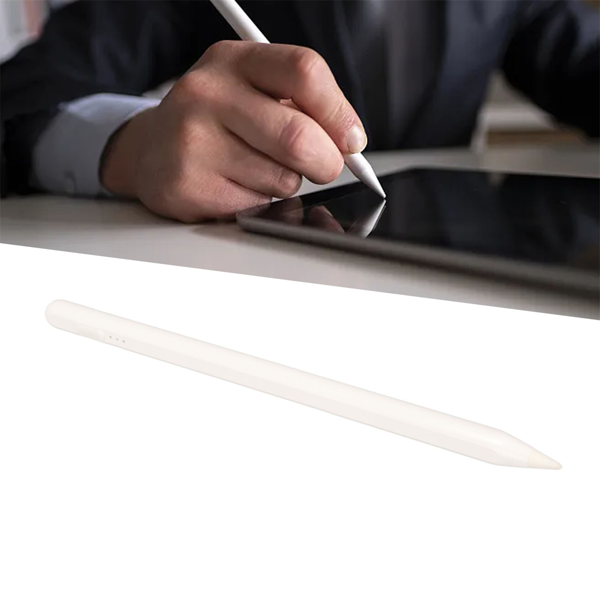 Ein weißer Stift wird auf einem schwarzen Tablet verwendet. Ein separater Stift wird unten gezeigt.