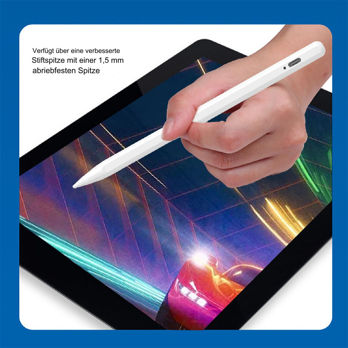 Eine Hand, die einen weißen Stift über einem Tablet hält. Text auf Deutsch beschreibt die Stiftspitze.