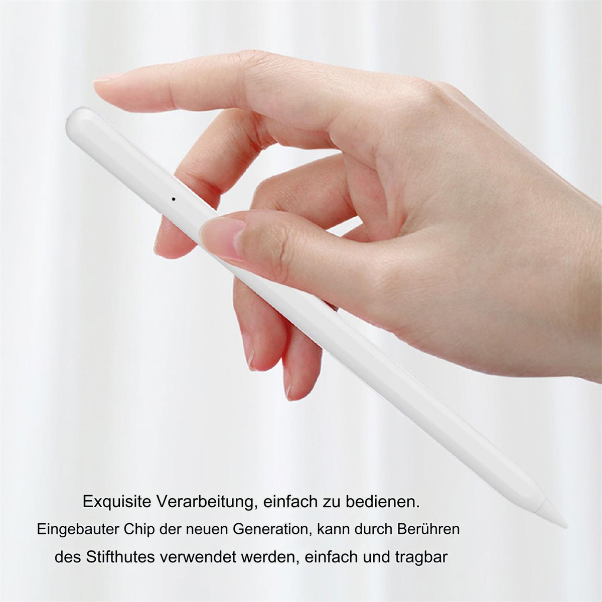 Ein weißer Stift, der von einer Hand gehalten wird. Text auf Deutsch.
