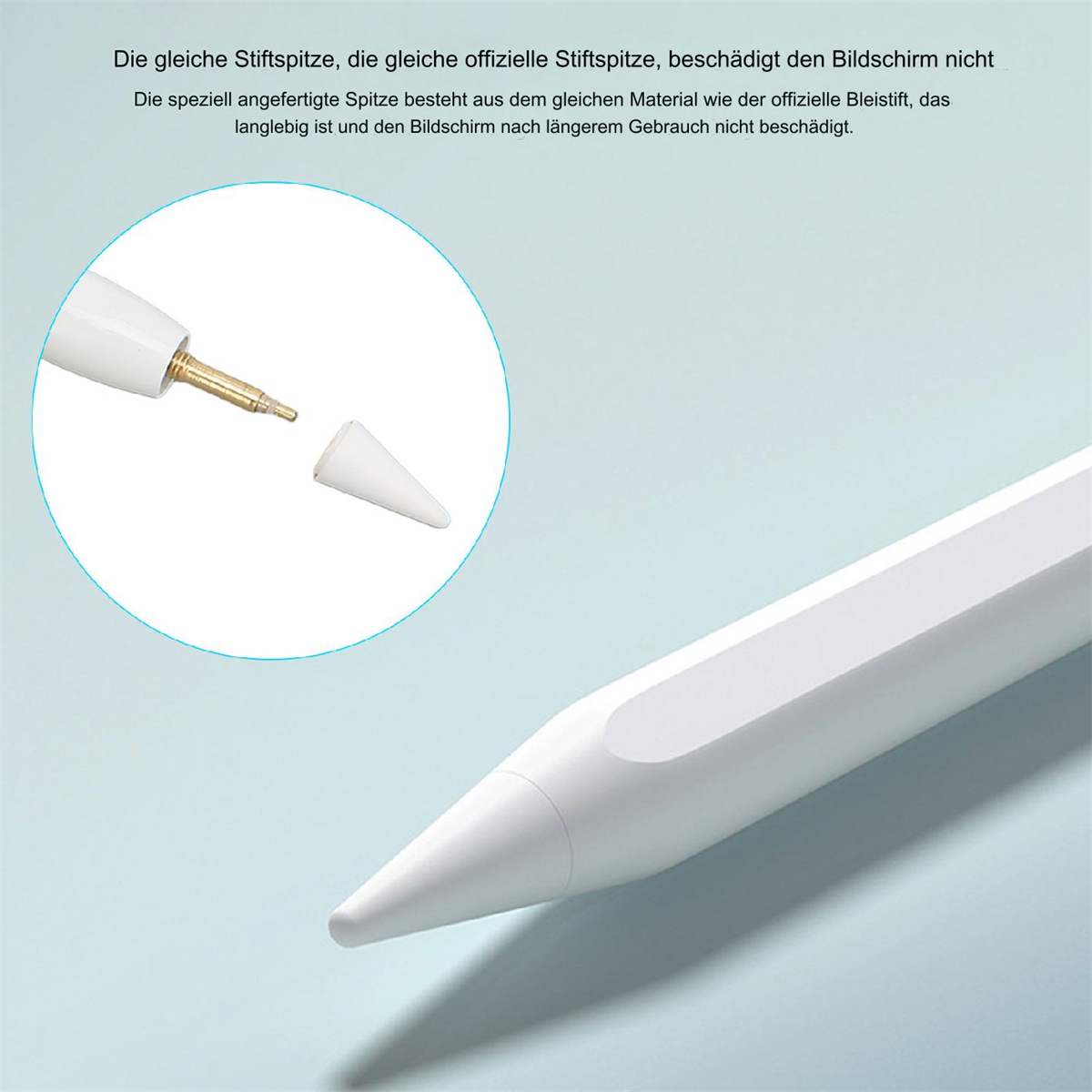 Weißer Stift mit Ersatzspitze. Die Spitze ist weiß und gold.