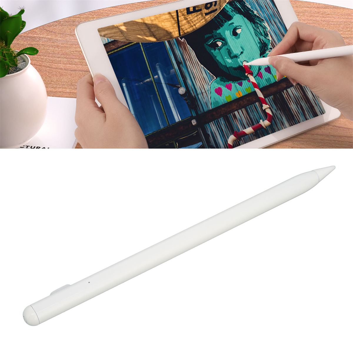 Eine Hand benutzt einen weißen Stift auf einem Tablet, das eine farbenfrohe Zeichnung zeigt.