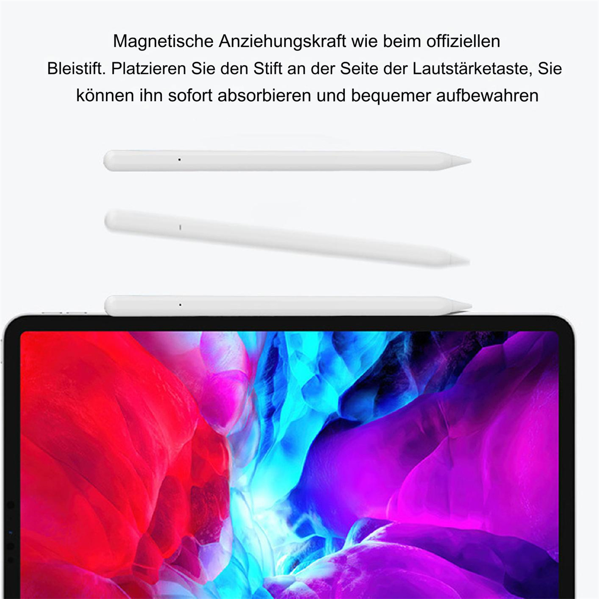 Weiße Stifte und ein Tablet. Text: magnetische Anziehungskraft. Blauer, roter und lila Hintergrund.