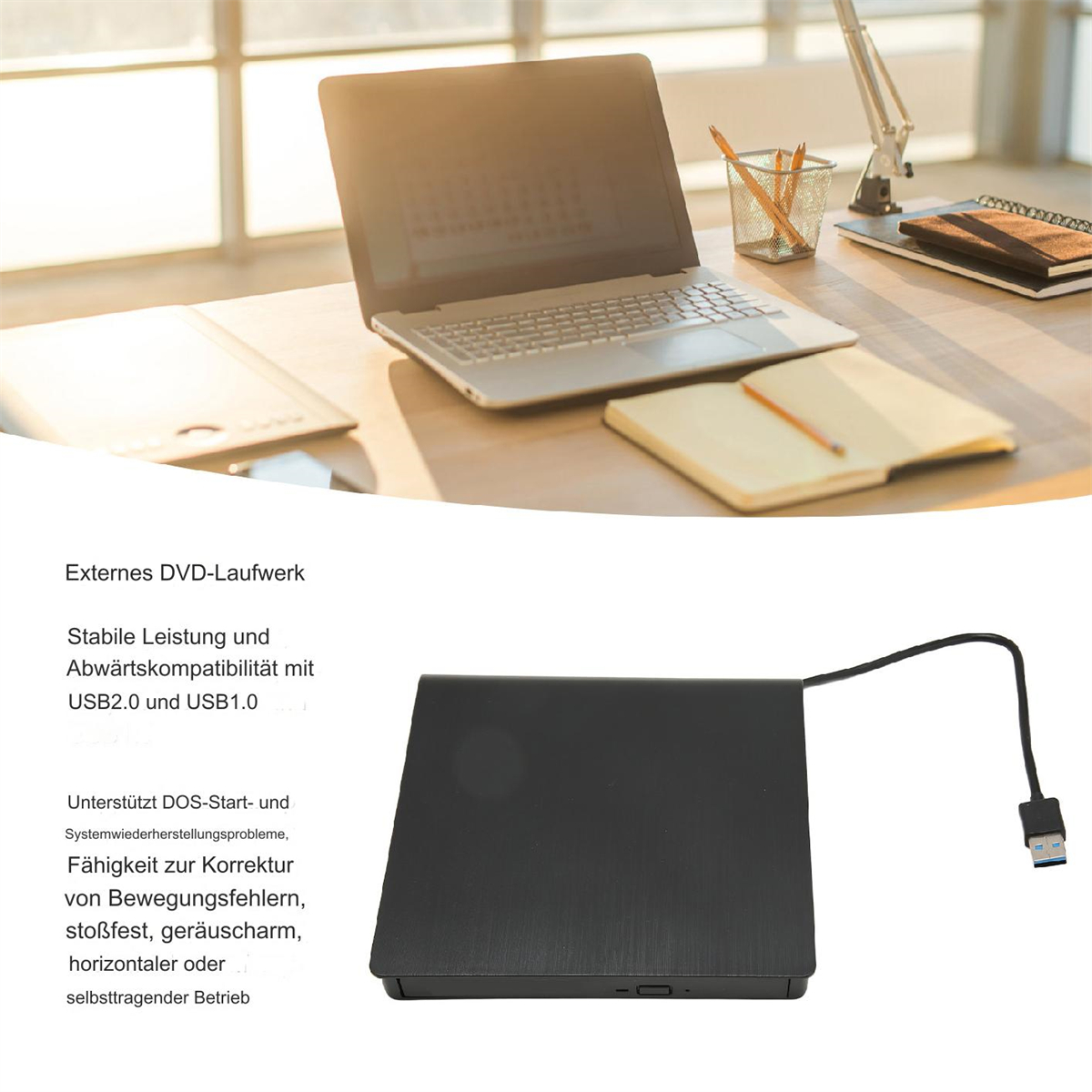 Schwarzes externes DVD-Laufwerk mit USB-Kabel, auf dem Schreibtisch mit Laptop und Notizbuch.