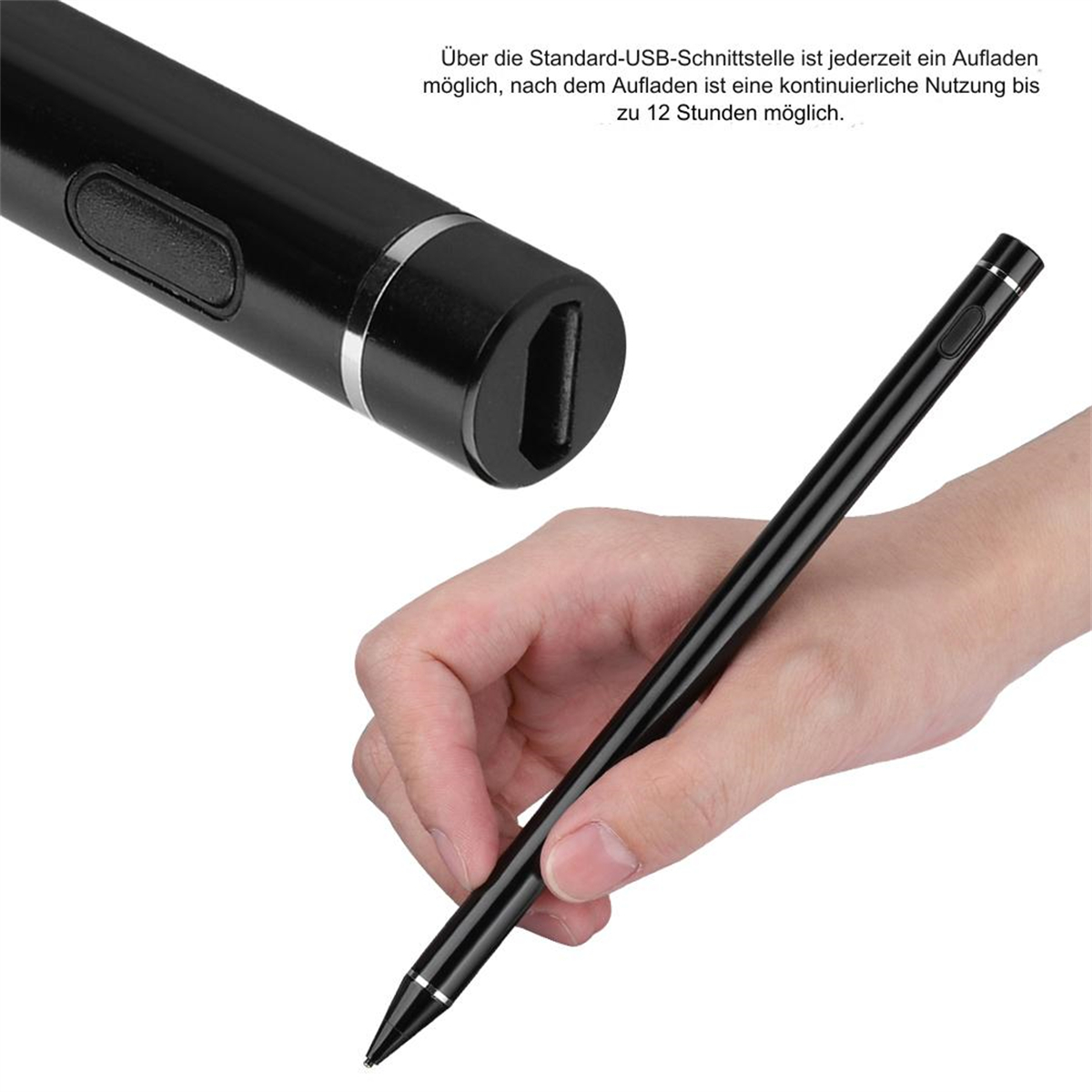 Ein schwarzer Stift, der von einer Hand gehalten wird. Der Stift befindet sich neben einem USB-Ladeanschluss.