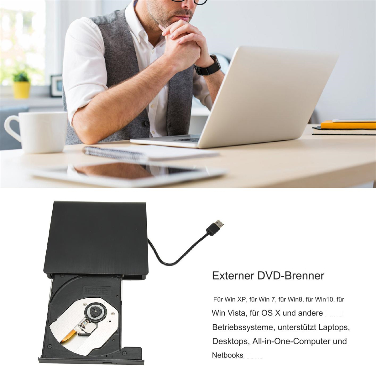 Ein schwarzer externer DVD-Brenner mit Kabel und ein Mann mit Laptop, Tablet und Tasse.