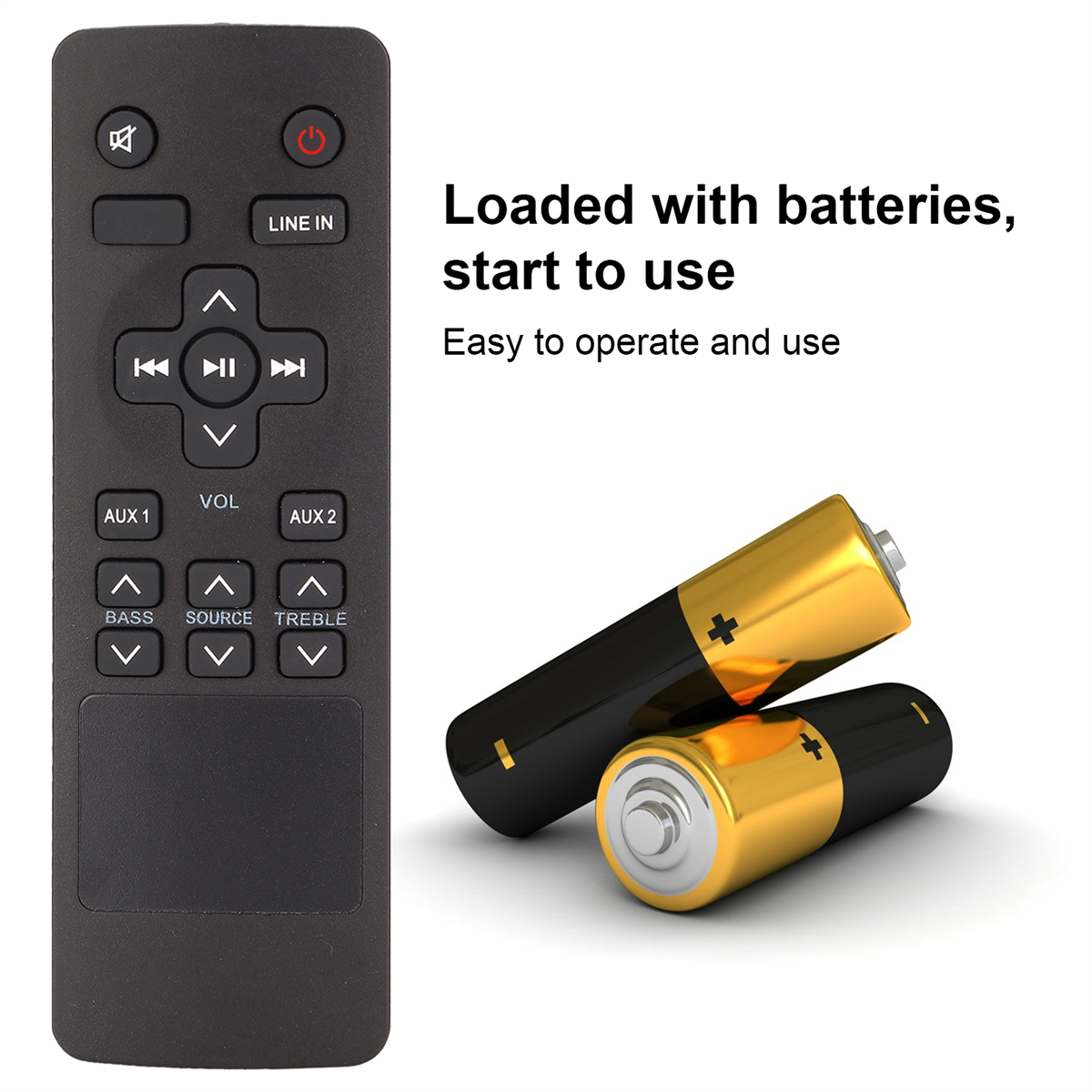 Schwarze Fernbedienung und zwei goldene AA-Batterien. Text: Mit Batterien bestückt, sofort einsatzbereit.
