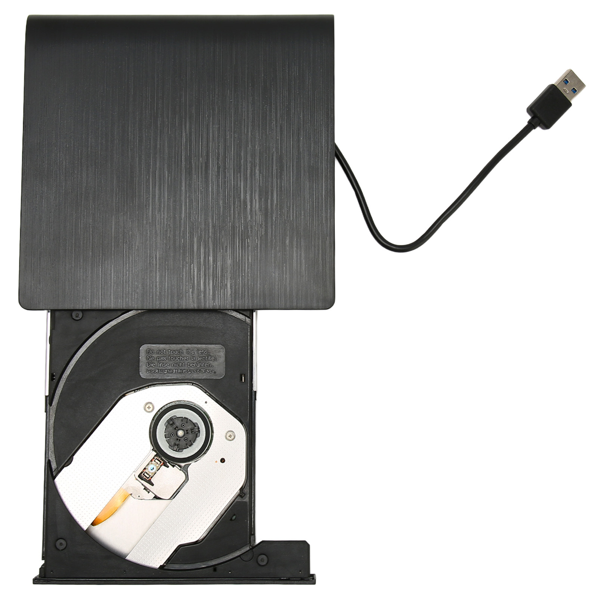 Schwarzes externes DVD-Laufwerk mit offenem Fach und USB-Kabel.