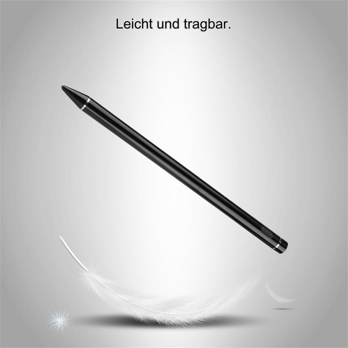 Schwarzer Eingabestift schwebt über Feder, auf grauem Hintergrund. Text: Leicht und tragbar.